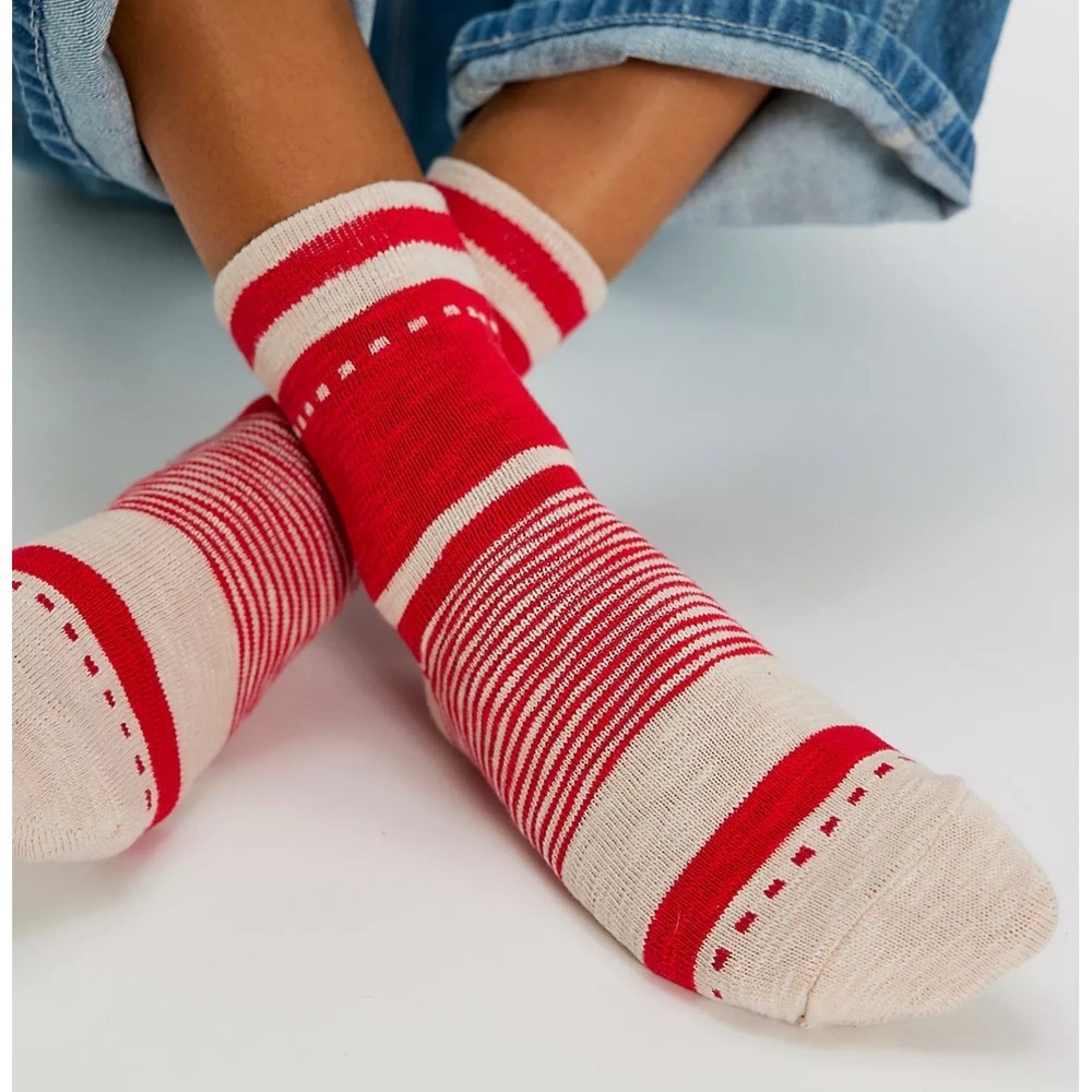 Free People Stripe Socks Red Tan Women One Size/All NWT